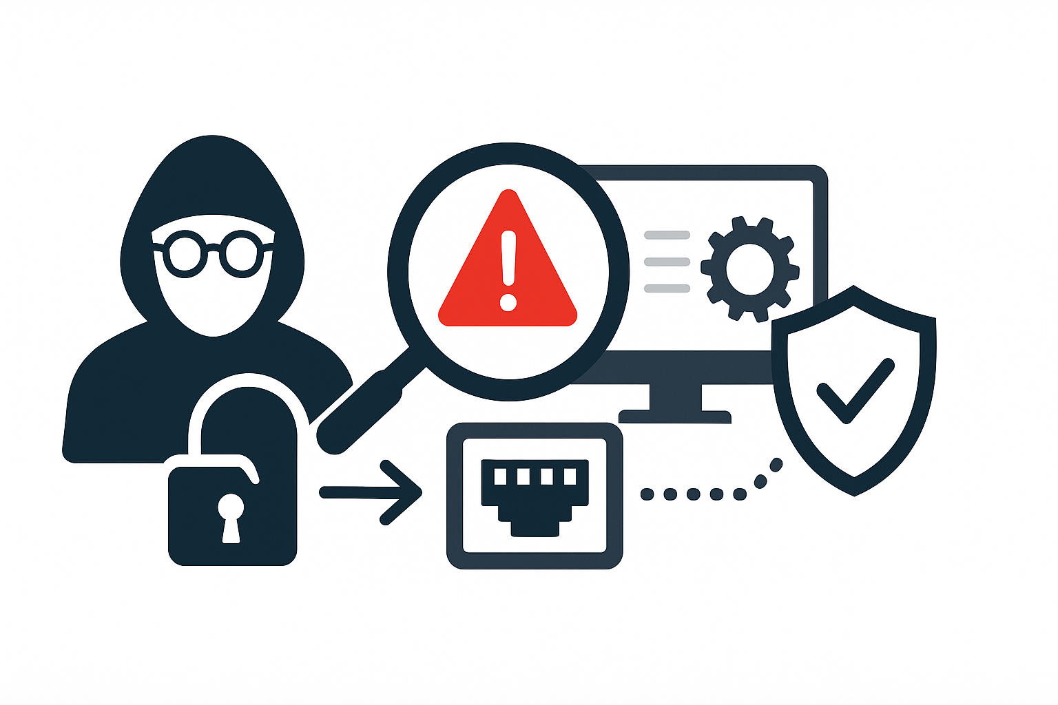 Illustration of penetration testing and vulnerability assessment with a hooded tester, magnifying glass highlighting a warning, open padlock, network port, and shield on a white background.