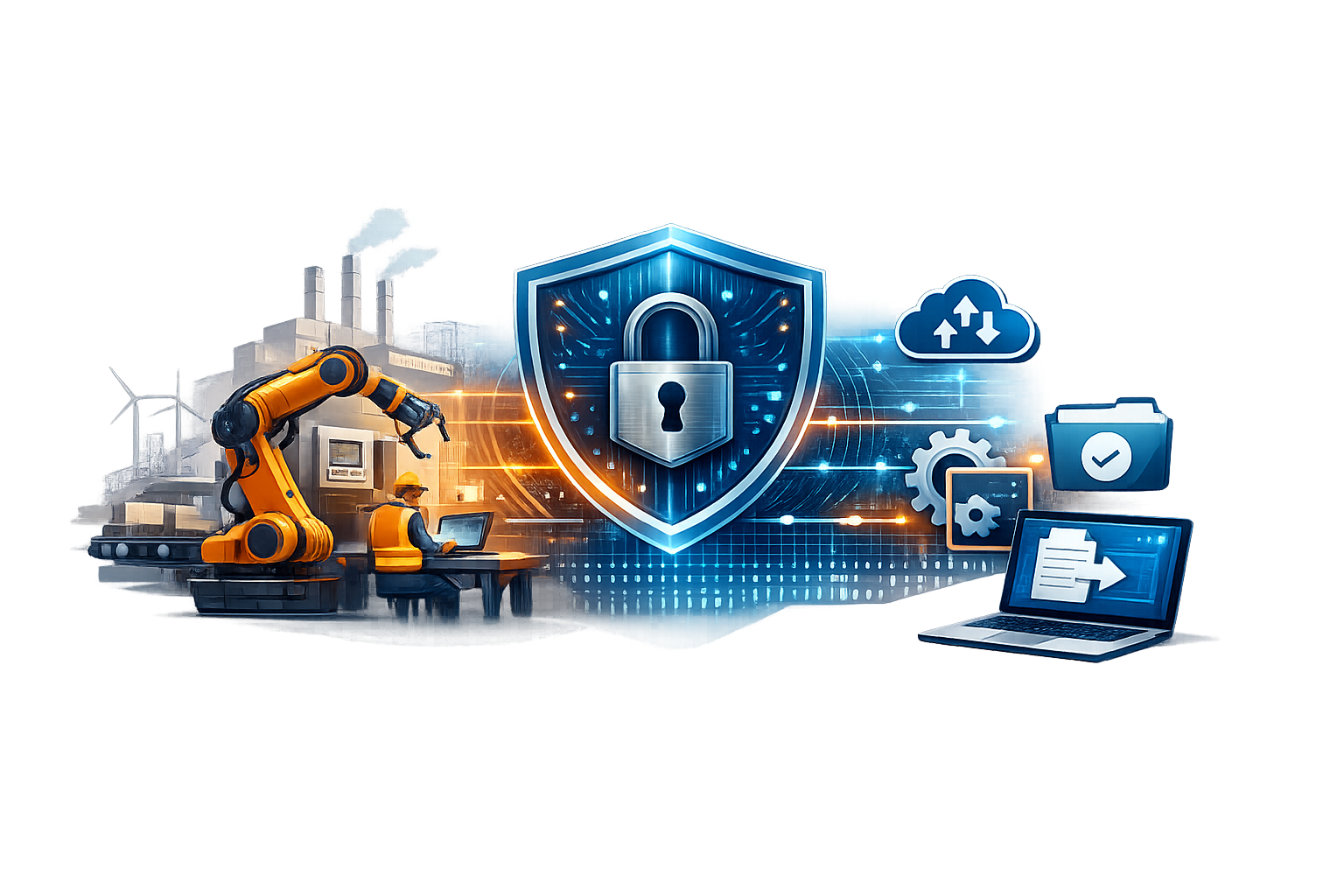 Secure file sharing in manufacturing environment with robotic arm, factory engineer using laptop, and central cybersecurity shield protecting connected digital file systems and cloud storage.