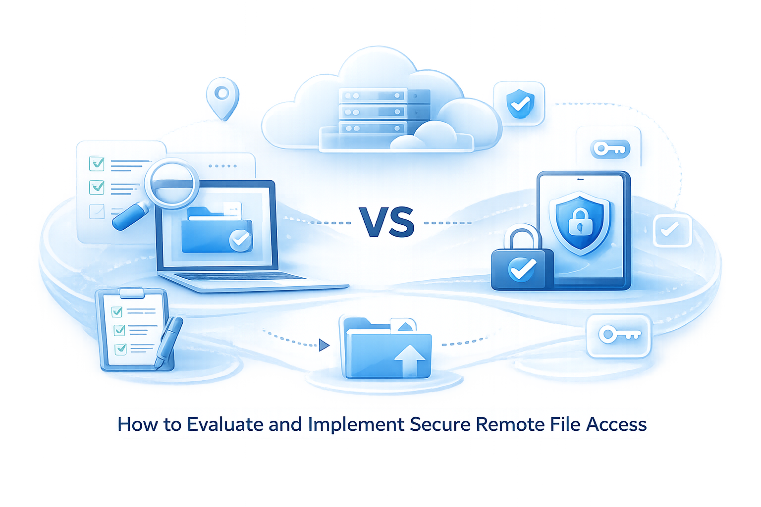 Alt text: “Modern cloud-tech SaaS illustration showing secure remote file access: a laptop with a folder and checkmark on the left with evaluation checklists and a magnifying glass, and a tablet on the right with a shield-and-lock icon, surrounded by floating keys, locks, and cloud storage elements, with soft blue gradients and subtle 3D depth on a transparent background.