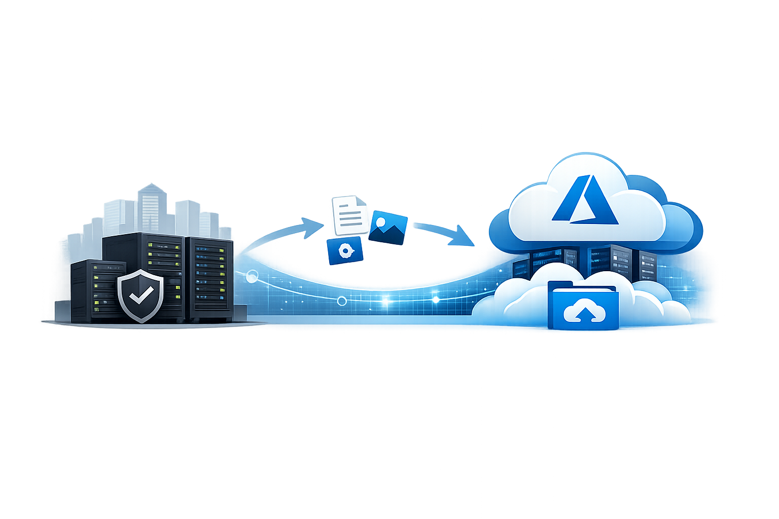 Hybrid Azure Files storage illustration showing on-premises servers securely connected to Azure cloud storage with bidirectional data flow, symbolizing hybrid file infrastructure and seamless cloud integration.
