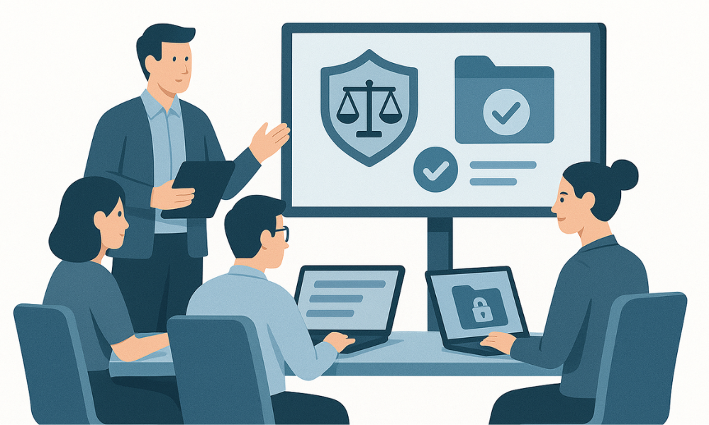 The image shows a law firm IT team conducting a training session on secure file access, with team members gathered around laptops and a presentation screen. They are discussing secure file sharing practices to protect client confidentiality and ensure compliance with data security regulations in the legal industry.