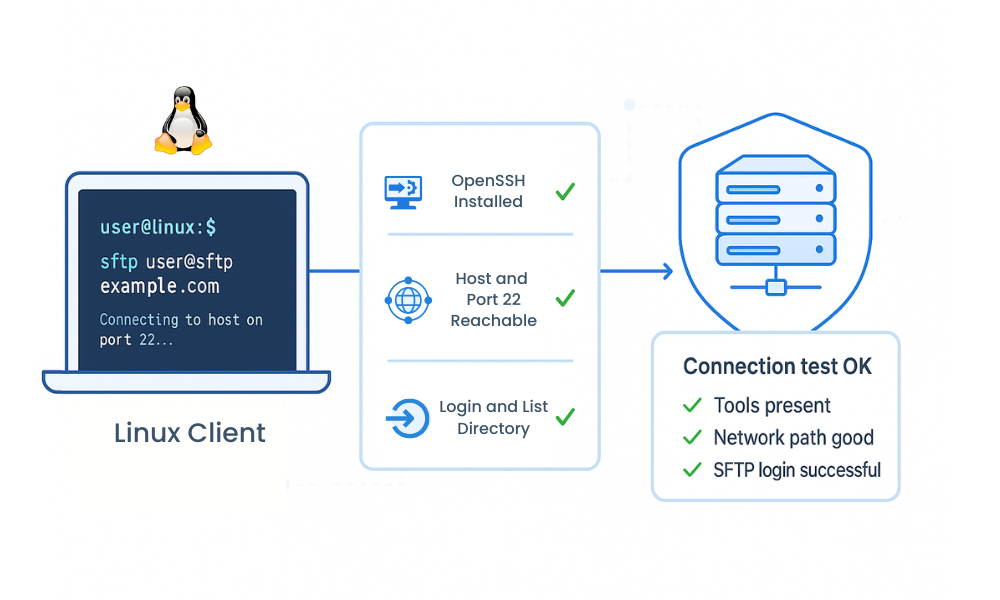 Minimal illustration showing a Linux terminal running an sftp command, a three step checklist for tools, network, and SFTP login, and a secure SFTP server icon with a status panel confirming the connection test succeeded.