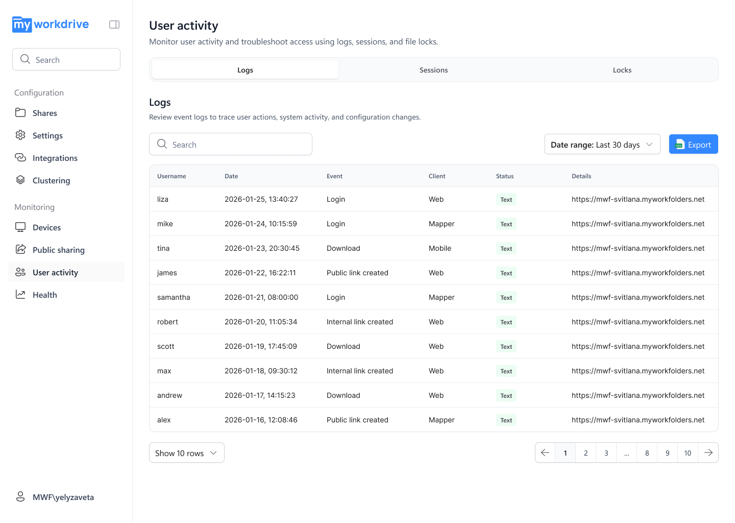 Log output showing file open and save events from a mapped drive session with user, path, and device identifier fields