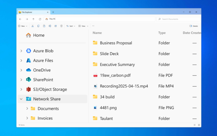 Windows File Explorer showing MyWorkDrive shares mounted as drive letters alongside local disks