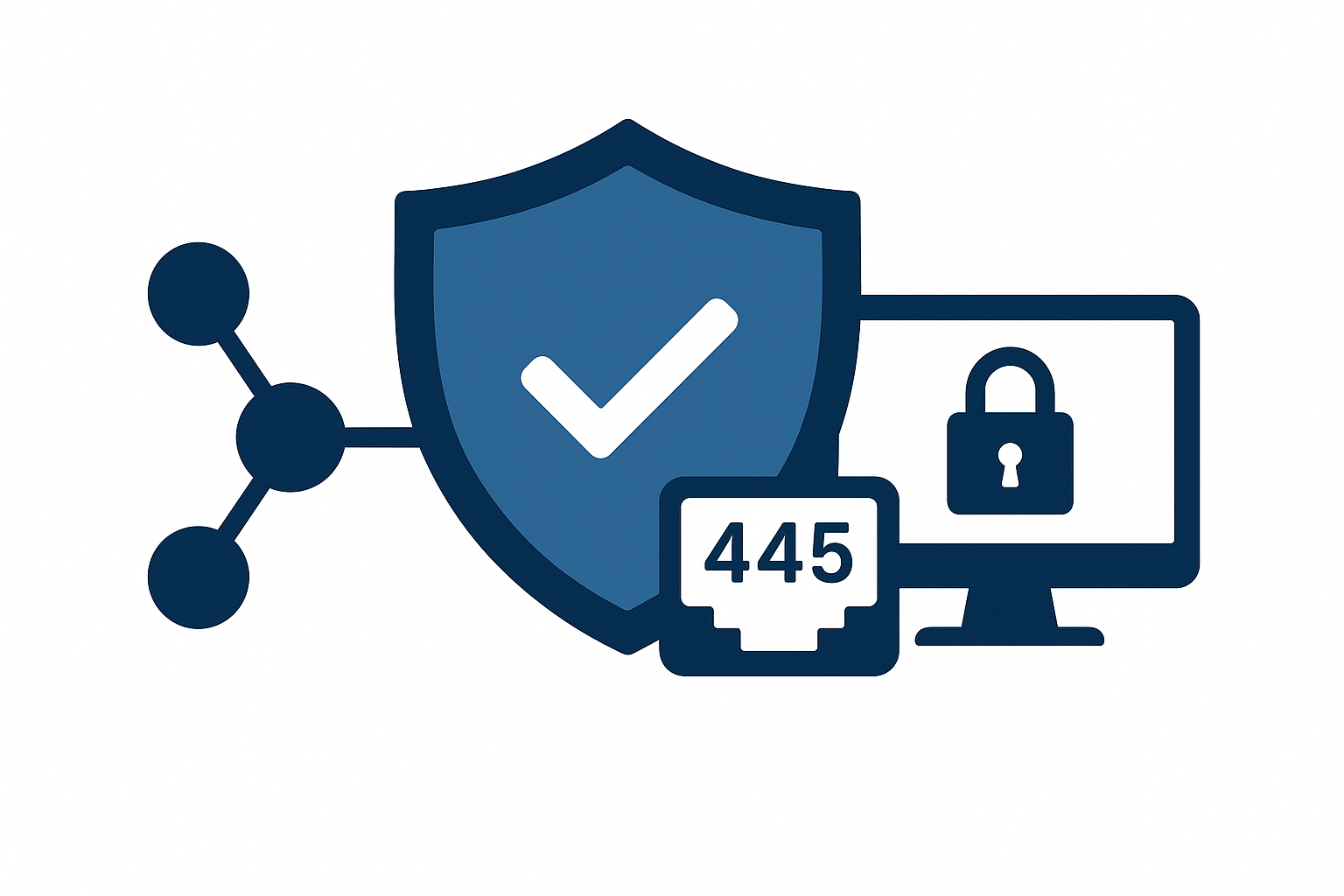 Illustration of network security measures with a shield and checkmark protecting a computer, padlock, and SMB port 445 icon on a white background.