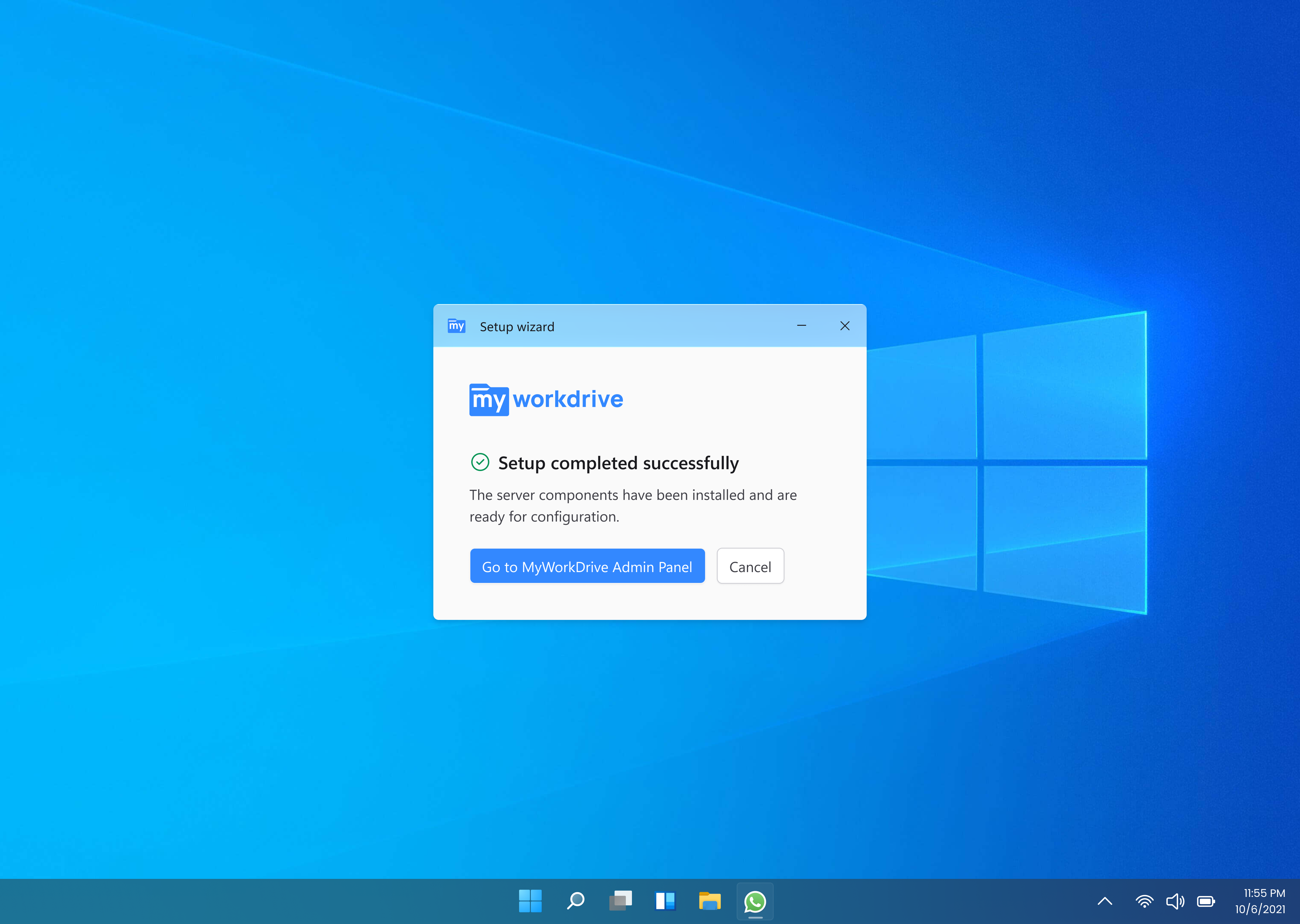 Screenshot of the MyWorkDrive installer completion screen on Windows Server