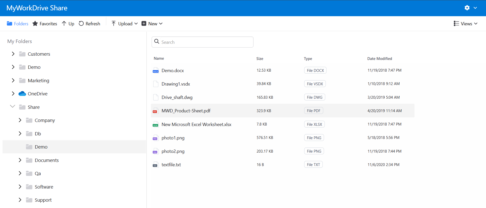 Screenshot of the MyWorkDrive web file manager in Chrome showing a share listing