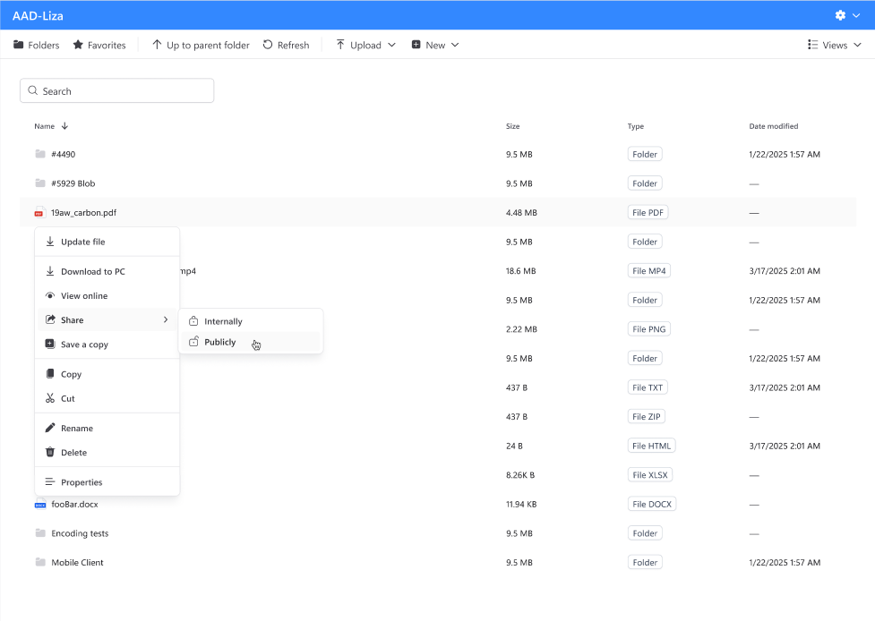 MyWorkDrive web file manager with public share link dialog