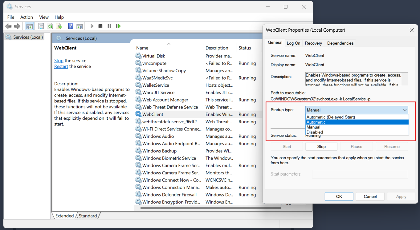 Screenshot: Windows Services console (services.msc) with the WebClient service highlighted, showing Status as Running and Startup Type as Automatic in the row, with the Properties dialog open showing the Startup type dropdown set to Automatic.