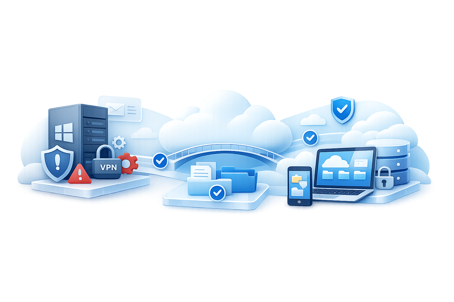 3D illustration depicting cloud computing security and connectivity. On the left, a server rack with a security shield, VPN lock, and warning icons sits on a floating platform. A bridge spans across clouds in the center, connecting to a middle platform with verified documents and folders. On the right, a laptop, smartphone, and database with a lock icon rest on another platform, all surrounded by cloud shapes and blue checkmark shields. The color palette is predominantly blue and white against a black background.