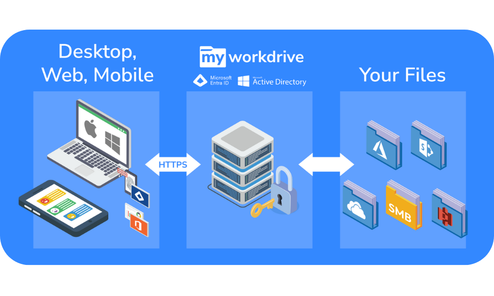 Explanation of MyWorkDrive file share remote access topology.