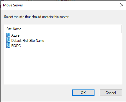 Sites tree showing a domain controller listed under the correct site's Servers node