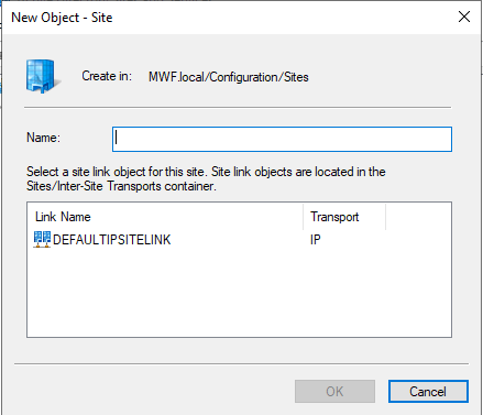 New Site dialog showing name field and site link selector