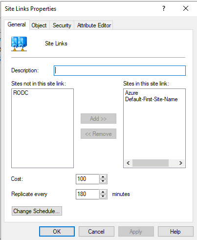 New Site Link dialog showing site selection, cost, and replication interval fields