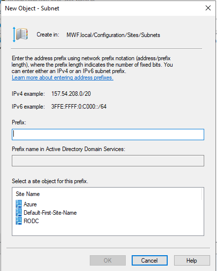 New Subnet dialog showing prefix field and site dropdown