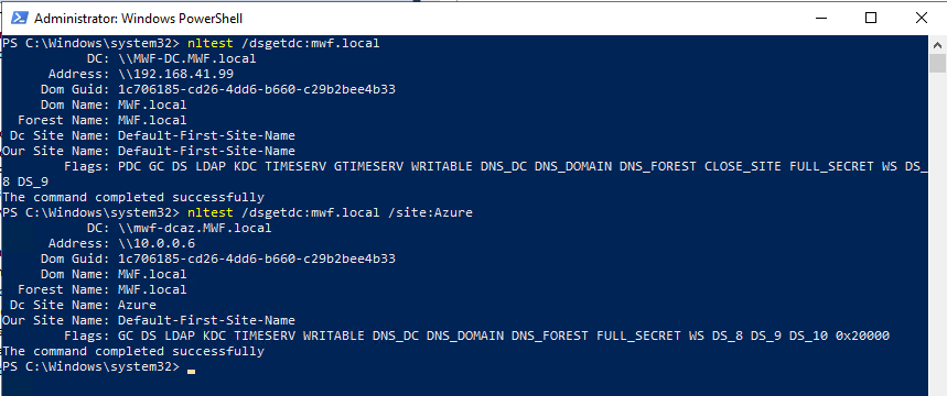 Command prompt showing nltest output returning a local domain controller