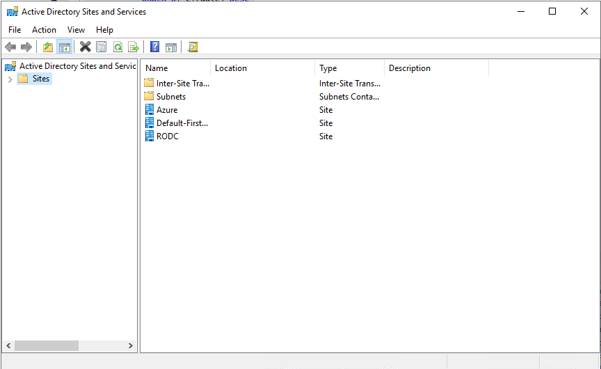 Active Directory Sites and Services MMC main window