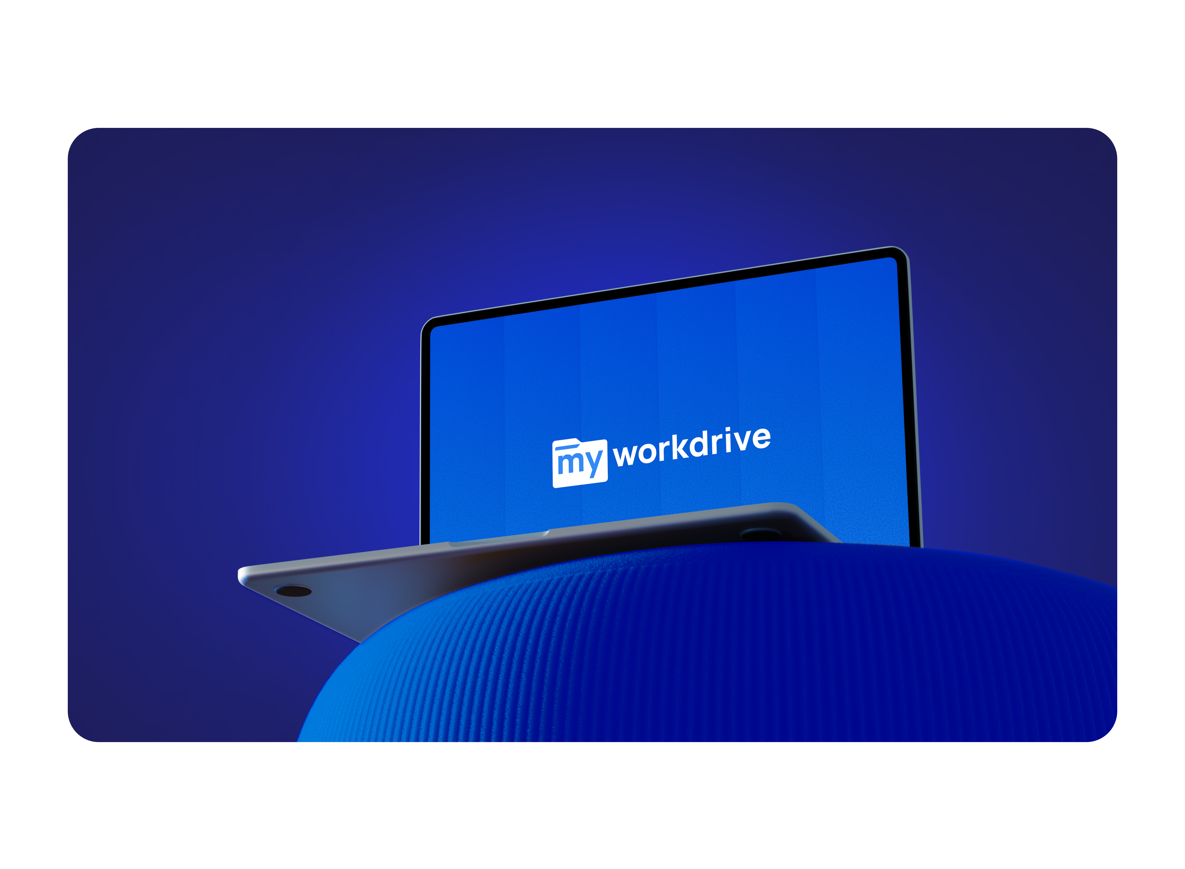 MyWorkDrive file sharing interface on a laptop with a blue background.