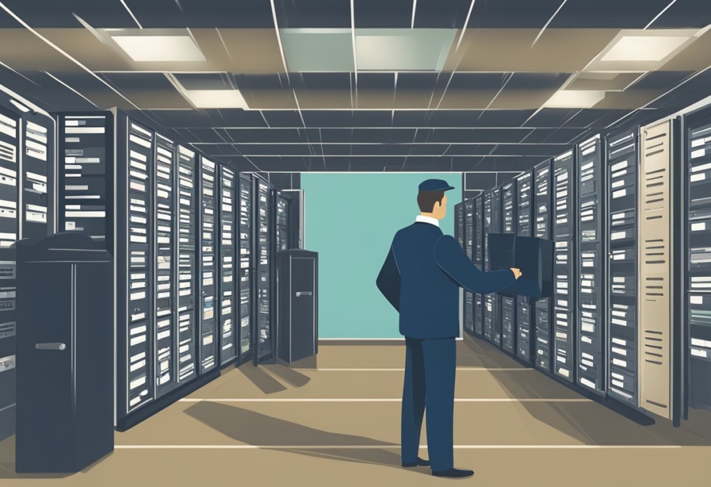 Ein Mann implementiert Sicherheitsmaßnahmen für die gemeinsame Nutzung von Dateien in einem Serverraum.