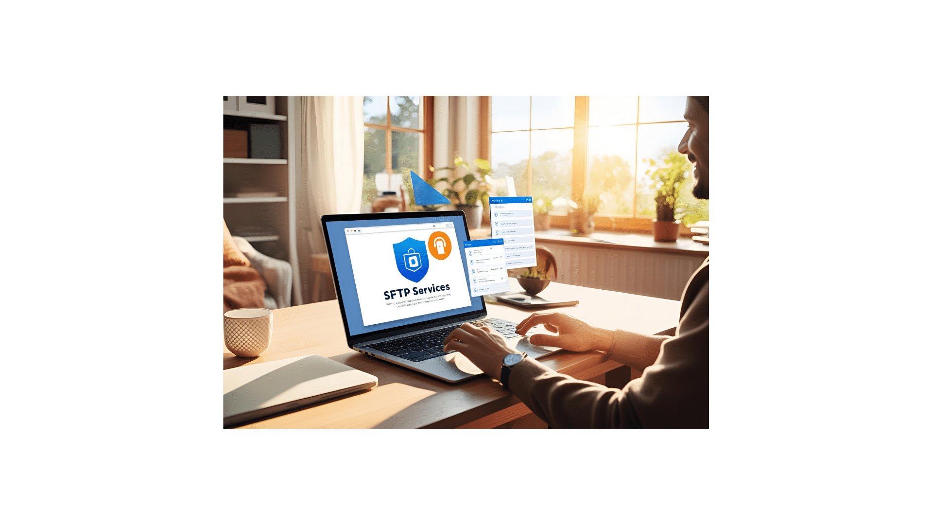 An overview of SFTP services with a blurred image of file transfer in progress.