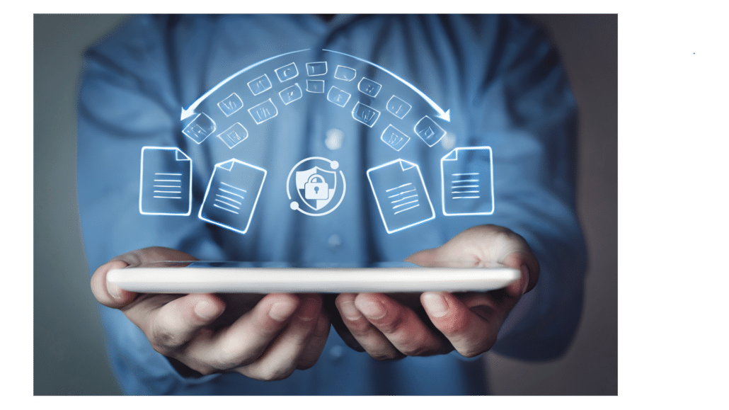 A person uses a tablet to securely transfer files.